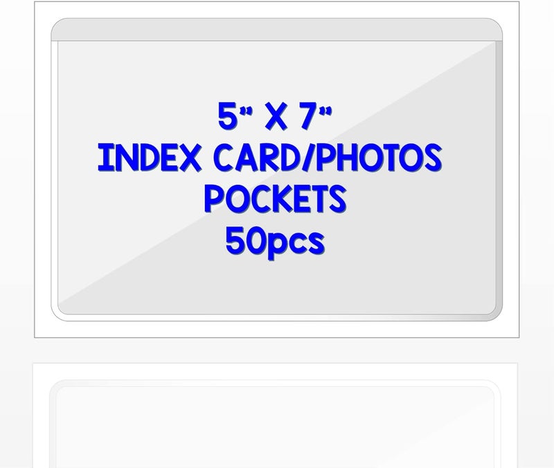 IMAGAME Clear Adhesive 5" x 7" Index Card Pockets with Top Open for Loading, 50 Pack, Plastic Labels Holders for Storage Bins and Library Card, Organizing and Protecting Your Index Cards or Photos - Image 1